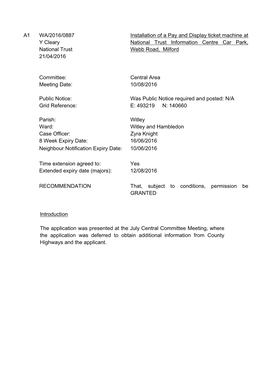 Meeting Date: Installation of a Pay and Display Ticket Machine At