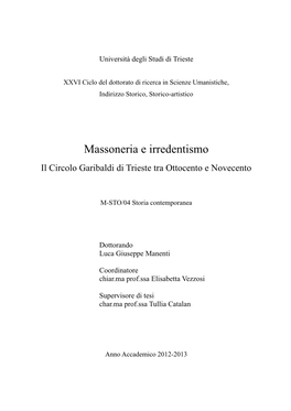 Massoneria E Irredentismo Il Circolo Garibaldi Di Trieste Tra Ottocento E Novecento