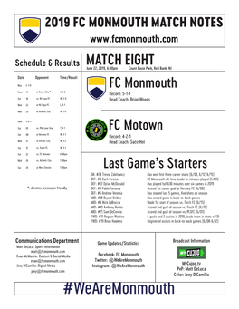 FC Monmouth FC Motown MATCH EIGHT Last Game's Starters