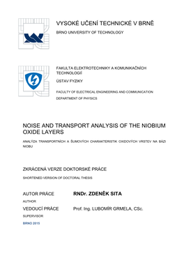 Vysoké Učení Technické V Brně Noise and Transport