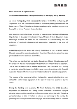 SABS Celebrates Heritage Day by Contributing to the Legacy Left by Mandela