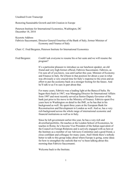 Keynote Address Fabrizio Saccomanni, Director General Emeritus of the Bank of Italy, Former Minister of Economy and Finance of Italy