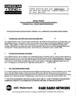 GABC RADIO NETWORKS 3575 Cahuenga Blvd W, Suite 555, Los Angeles, CA 90068 VOICE: 213.882.8330 FAX: 213.850.1 050 AMERICAN TOP 40 ACTUALITIES W