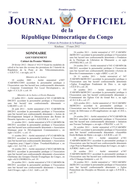 JOURNAL OFFICIEL De La République Démocratique Du Congo Cabinet Du Président De La République Kinshasa – 15 Mars 2012
