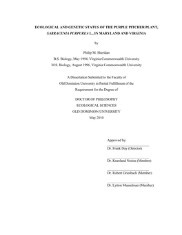 Ecological and Genetic Status of the Purple Pitcher Plant, Sarracenia Purpurea L., in Maryland and Virginia