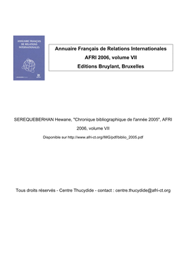 Annuaire Français De Relations Internationales AFRI 2006, Volume VII Editions Bruylant, Bruxelles