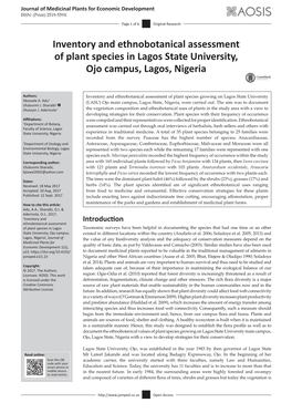 Inventory and Ethnobotanical Assessment of Plant Species in Lagos State University, Ojo Campus, Lagos, Nigeria