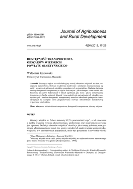 Journal of Agribusiness and Rural Development Dostępność Transportowa Obszarów Wiejskich Powiatu Olsztyńskiego 19