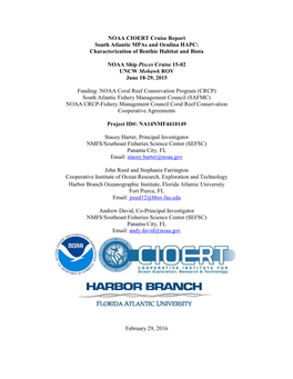 NOAA CIOERT Cruise Report South Atlantic Mpas and Oculina HAPC: Characterization of Benthic Habitat and Biota