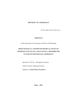 REPUBLIC of AZERBAIJAN on the Rights of the Manuscript ABSTRACT