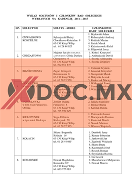 Wykaz Sołtysów I Członków Rad Sołeckich Wybranych Na Kadencję 2011 – 2015