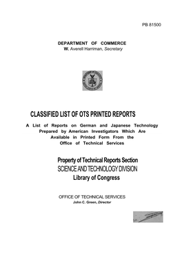 Classified List of OTS Printed Reports, October, 1947