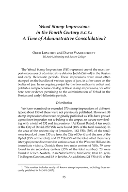 Yehud Stamp Impressions in the Fourth Century B.C.E.: a Time of Administrative Consolidation?