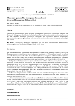 Three New Species of the Louse Genus Saemundssonia (Insecta: Phthiraptera: Philopteridae)