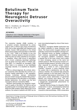 Botulinum Toxin Therapy for Neurogenic Detrusor Overactivity