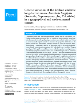 Genetic Variation of the Chilean Endemic Long-Haired Mouse Abrothrix Longipilis (Rodentia, Supramyomorpha, Cricetidae) in a Geographical and Environmental Context