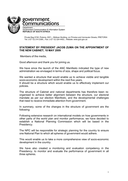 Statement by President Jacob Zuma on the Appointment of the New Cabinet, 10 May 2009