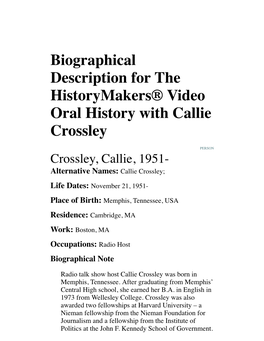 Biographical Description for the Historymakers® Video Oral History with Callie Crossley