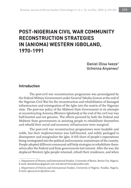 Post-Nigerian Civil War Community Reconstruction Strategies in (Anioma) Western Igboland, 1970-1991