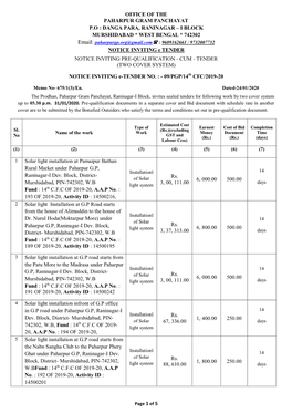 Office of the Paharpur Gram Panchayat P.O : Danga Para, Raninagar – I Block Murshidabad * West Bengal * 742302 Notice Inviting