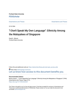 Ethnicity Among the Malayalees of Singapore