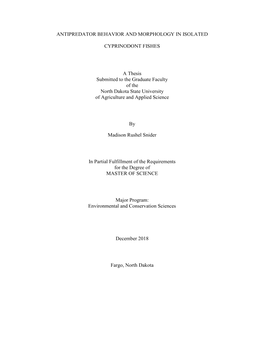 ANTIPREDATOR BEHAVIOR and MORPHOLOGY in ISOLATED CYPRINODONT FISHES a Thesis Submitted to the Graduate Faculty of the North Dako