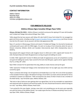 PLAYER SIGNING PRESS RELEASE Atlético Ottawa Signs Canadian Winger Ryan Telfer