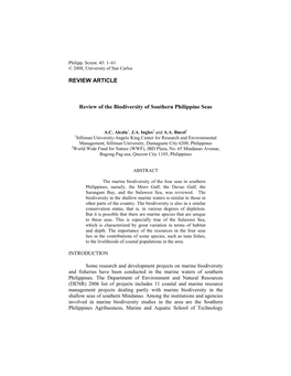 Review of the Biodiversity of Southern Mindanao Marine Waters