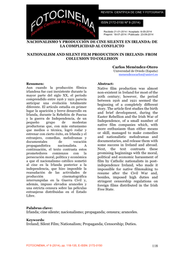 Nacionalismo Y Producción De Cine Silente En Irlanda: De La Complicidad Al Conflicto