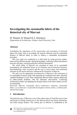 Investigating the Sustainable Fabric of the Historical City of Marvast