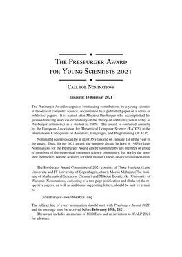The Presburger Award for Young Scientists 2021