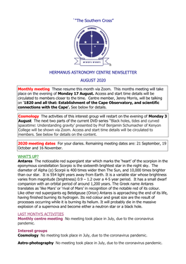 `“The Southern Cross” HERMANUS ASTRONOMY CENTRE NEWSLETTER AUGUST 2020