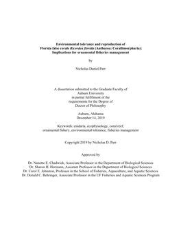 Environmental Tolerance and Reproduction of Florida False Corals Ricordea Florida (Anthozoa: Corallimorpharia): Implications for Ornamental Fisheries Management