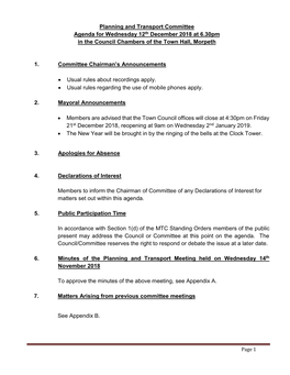 Planning and Transport Committee Agenda for Wednesday 12Th December 2018 at 6.30Pm in the Council Chambers of the Town Hall, Morpeth