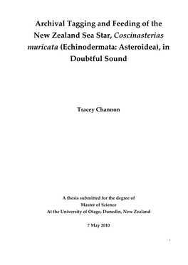 Archival Tagging and Feeding of the New Zealand Sea Star, Coscinasterias Muricata (Echinodermata: Asteroidea), in Doubtful Sound