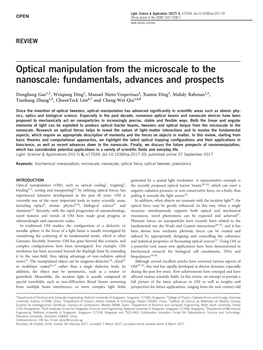 Optical Manipulation from the Microscale to the Nanoscale: Fundamentals, Advances and Prospects