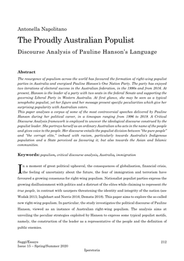 The Proudly Australian Populist Discourse Analysis of Pauline Hanson’S Language