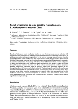 Social Organization in Some Primitive Australian Ants. I. <Emphasis Type=