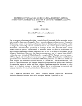 From Revolutionary Apogee to Political Disilusion: Gender, Subjectivity and Political Identity in Gioconda’S Belli Narrative (1988-2001)