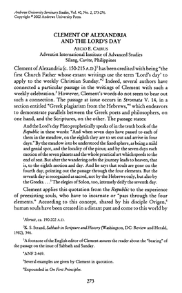 Clement of Alexandria and the Lord's Day Aecioe