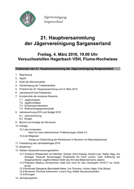 21. Hauptversammlung Der Jägervereinigung Sarganserland