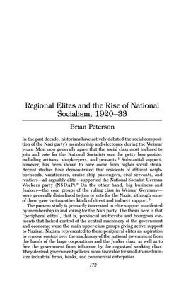Regional Elites and the Rise of National Socialism, 1920-33 Brian Peterson