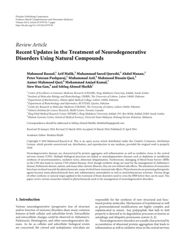 Review Article Recent Updates in the Treatment of Neurodegenerative Disorders Using Natural Compounds