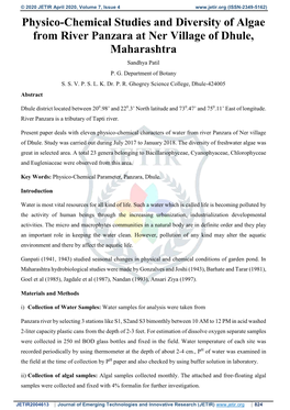 Physico-Chemical Studies and Diversity of Algae from River Panzara at Ner Village of Dhule, Maharashtra Sandhya Patil P