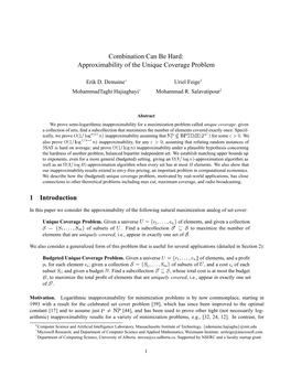 Approximability of the Unique Coverage Problem 1 Introduction