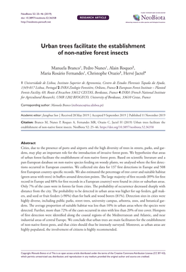 ﻿Urban Trees Facilitate the Establishment of Non-Native Forest Insects