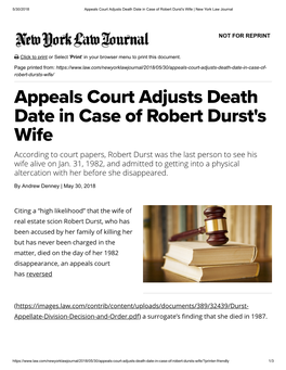 Appeals Court Adjusts Death Date in Case of Robert Durst's Wife | New York Law Journal