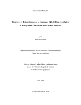 Ruptures Et Disjonctions Dans Le Cinéma De Djibril Diop Mambety : Le Film-Griot Ou L’Invention D’Une Oralité Moderne
