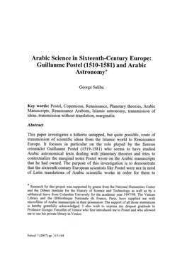 Guillaume Postel (1510-1581) and Arabic Astronomy'