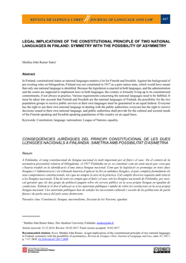 Legal Implications of the Constitutional Principle of Two National Languages in Finland: Symmetry with the Possibility of Asymmetry